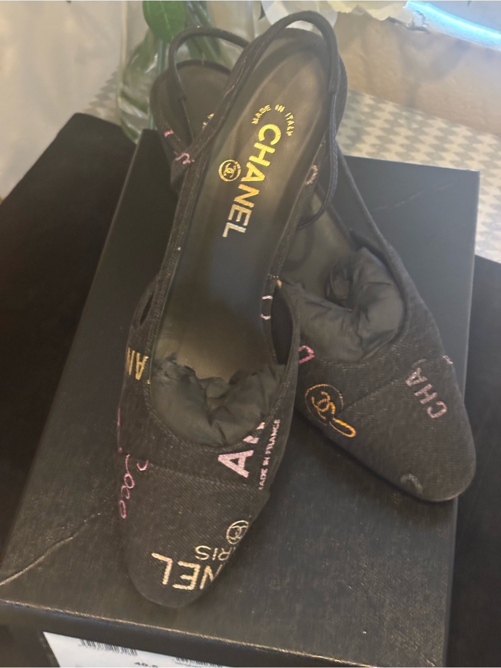 CHANEL Black DenimSlingback Heels with Multicolor Chanel Logo
